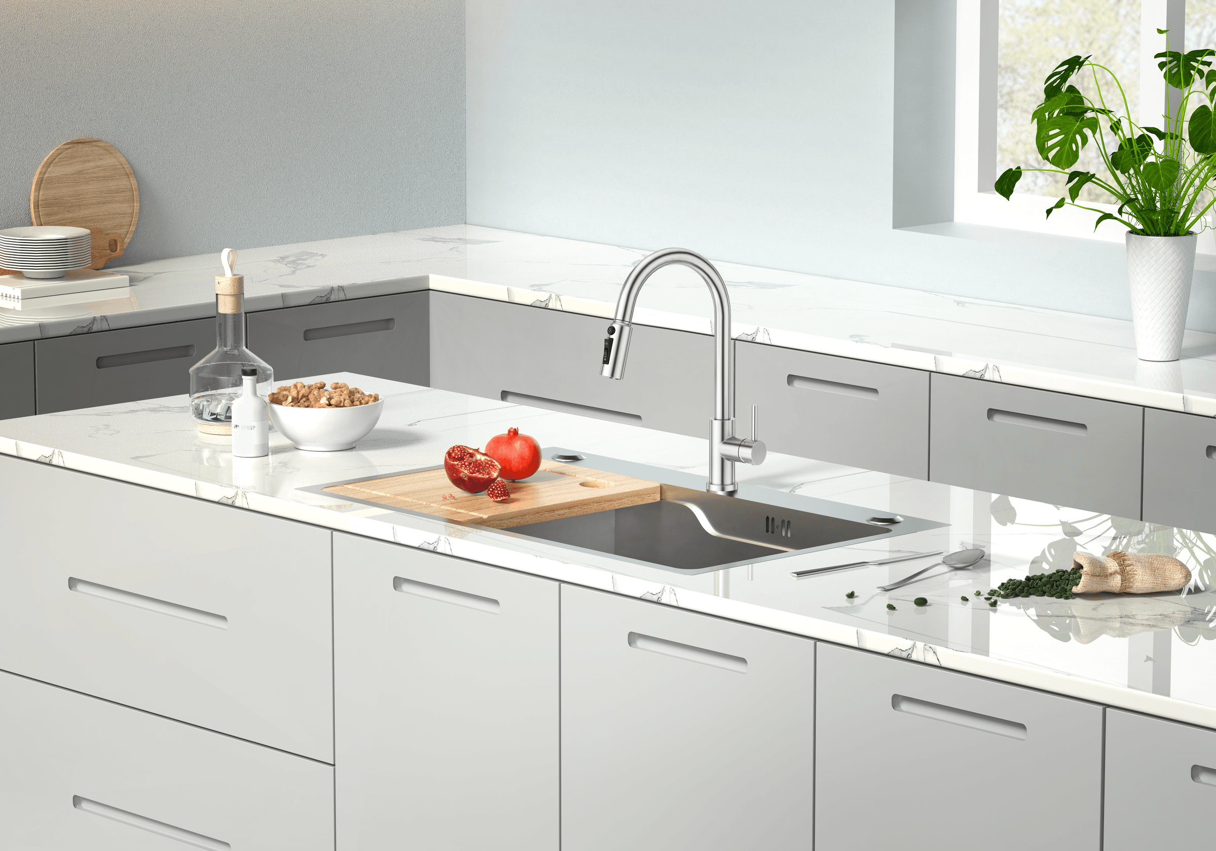 Grifo FONTE en cocina con isla y barra de diseño contemporáneo