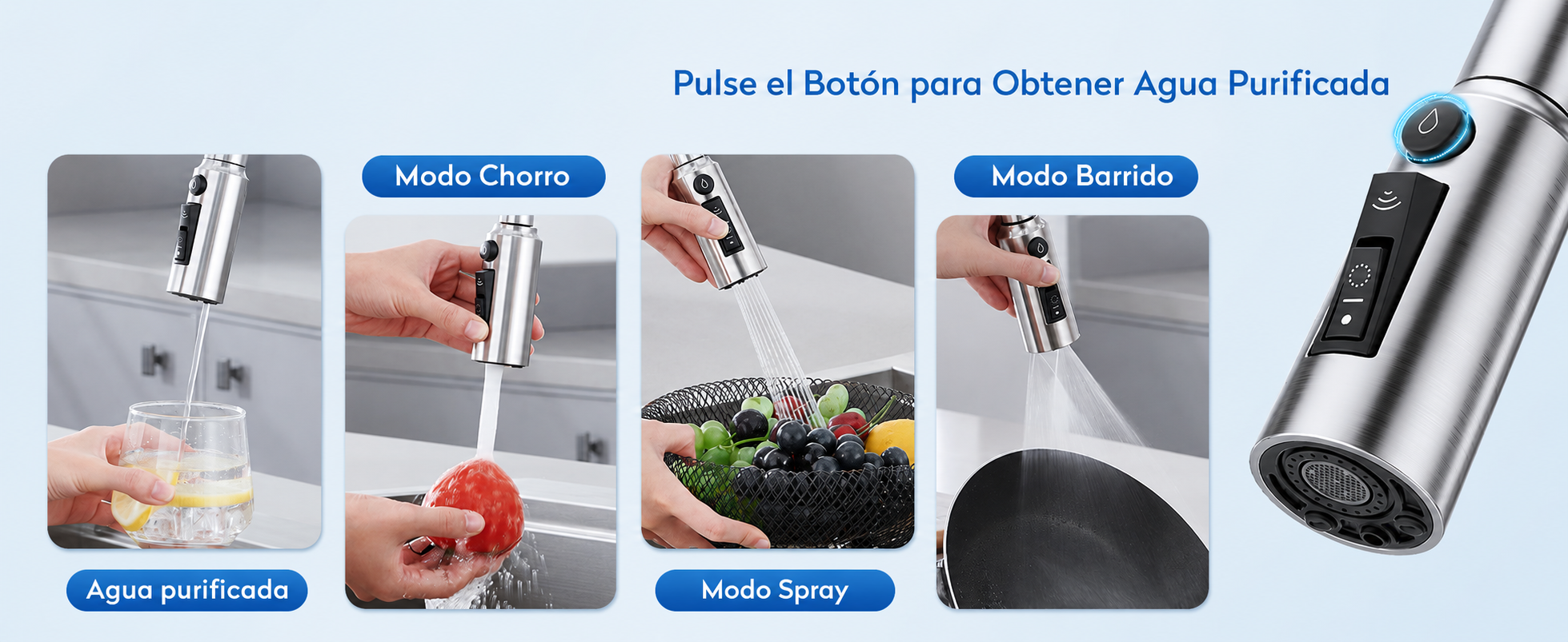 Los 4 modos de flujo del grifo FONTE: chorro directo, agua filtrada, spray suave y spray potente